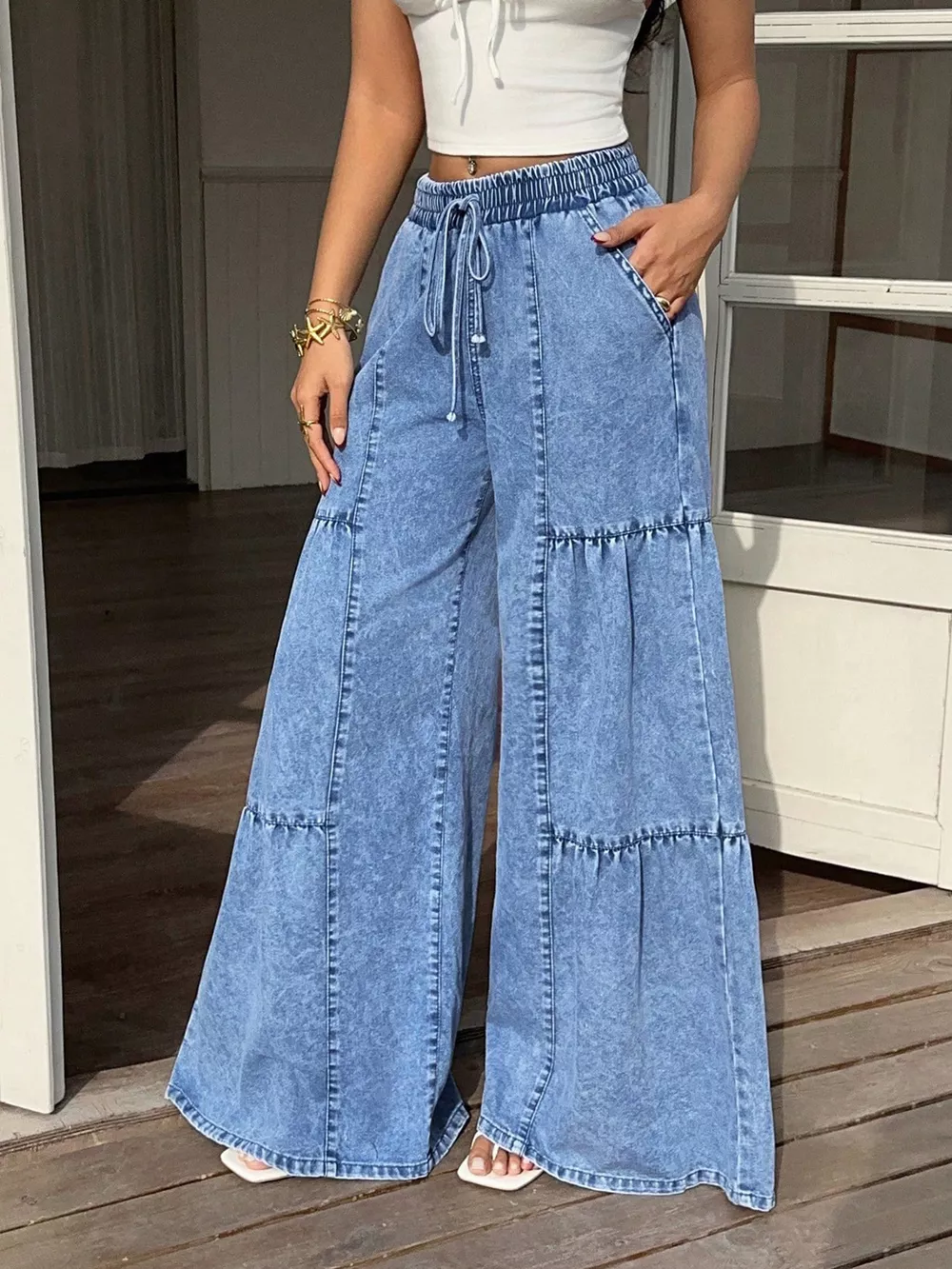 Wide Leg Tiered Jeans, image 3