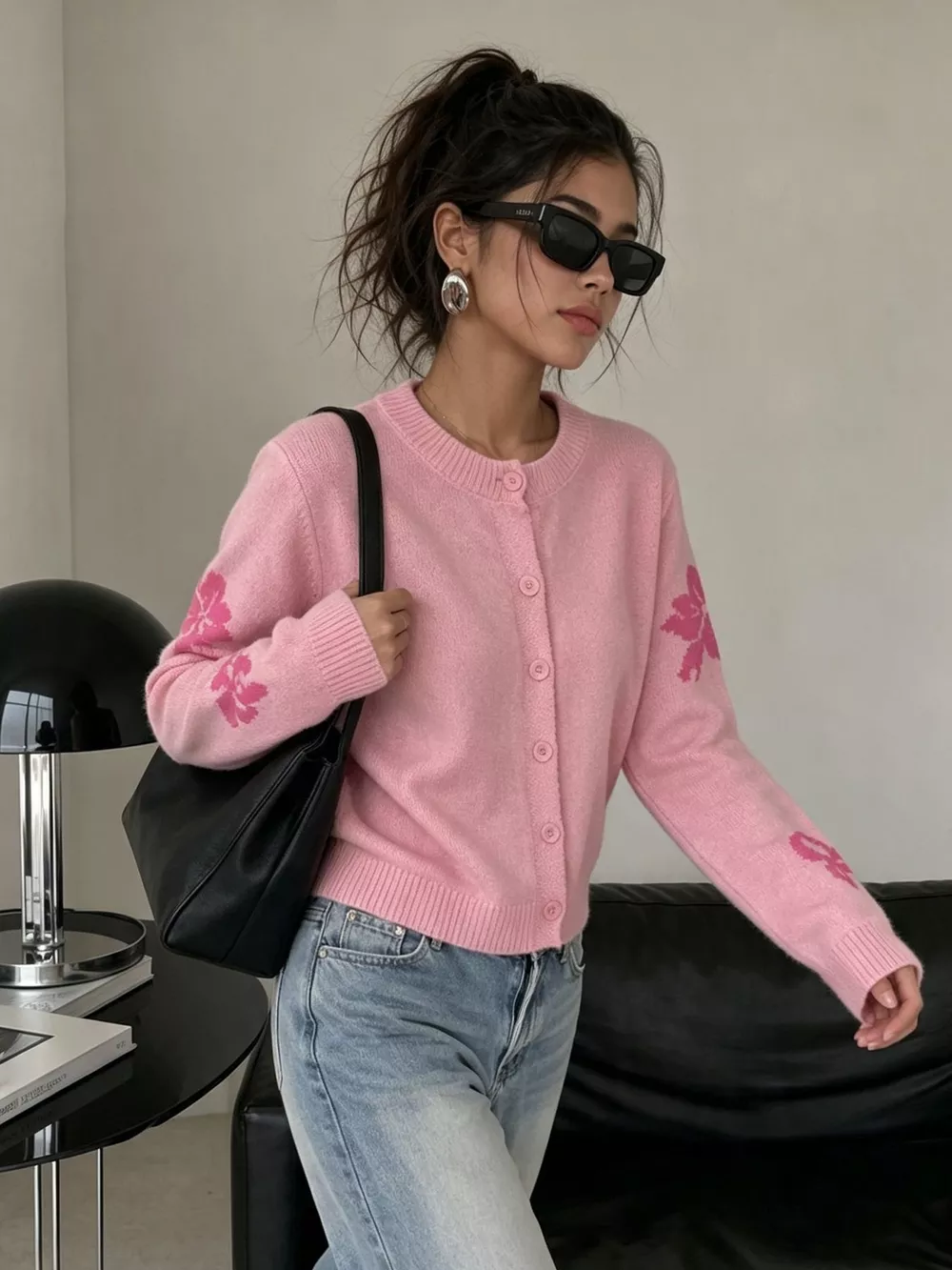 Floral Crew Neck Cropped Knit Cardigan, image 21