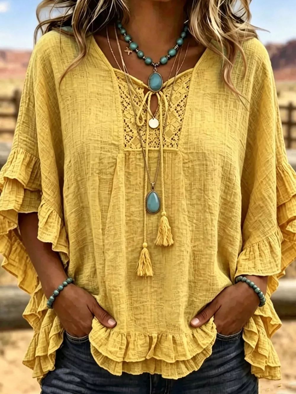 Full Size Tassel Tie Neck Ruffled Hem Blouse Plus Size, image 9
