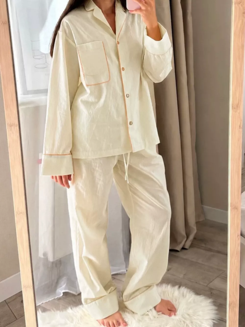 Contrast Trim Button-Down Top and Pants Lounge Set, image 2