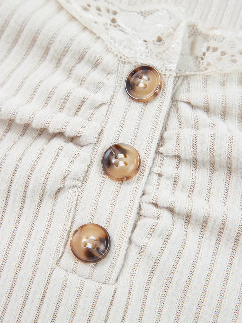 Lace Neckline Button Decor Lettuce Edge Long Sleeve Ribbed Top, image 5