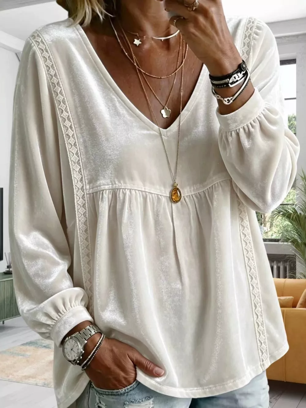 Full Size Velvet Lace Detail V-Neck Blouse Plus Size, image 4