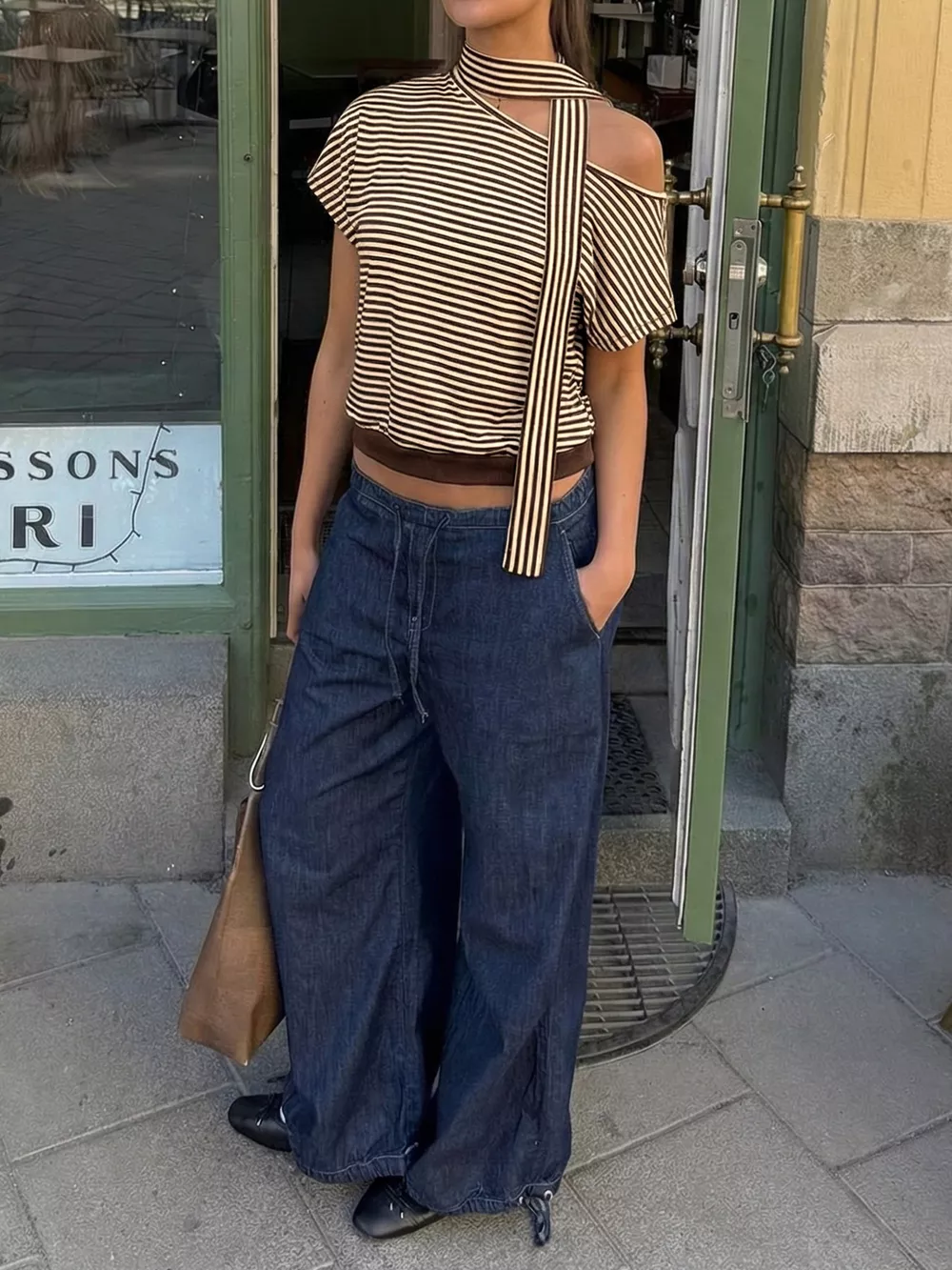 Striped Single Shoulder T-Shirt, image 4