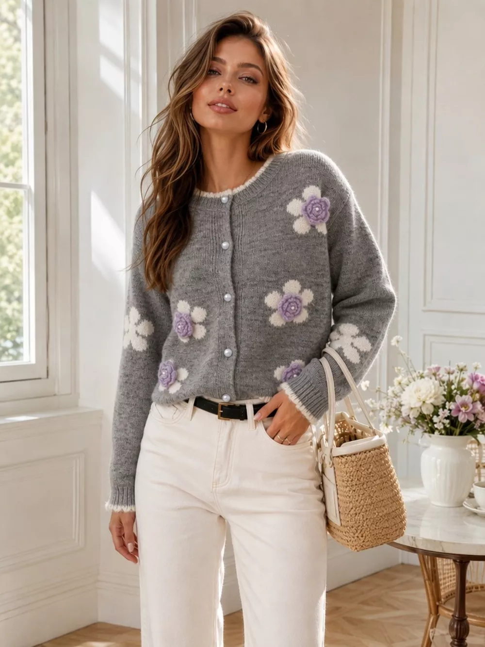 Floral Applique Button-Down Knit Cardigan, image 17