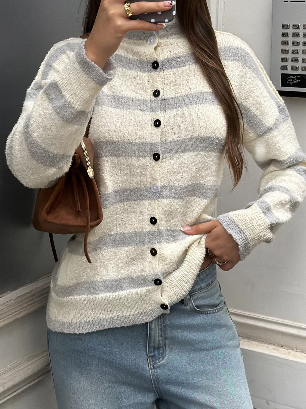 Striped Mock Neck Button-Down Textured Cardigan, image 2