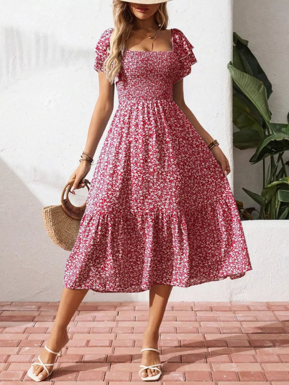 Floral Print Smocked Ruffle Sleeves Dress, image 23