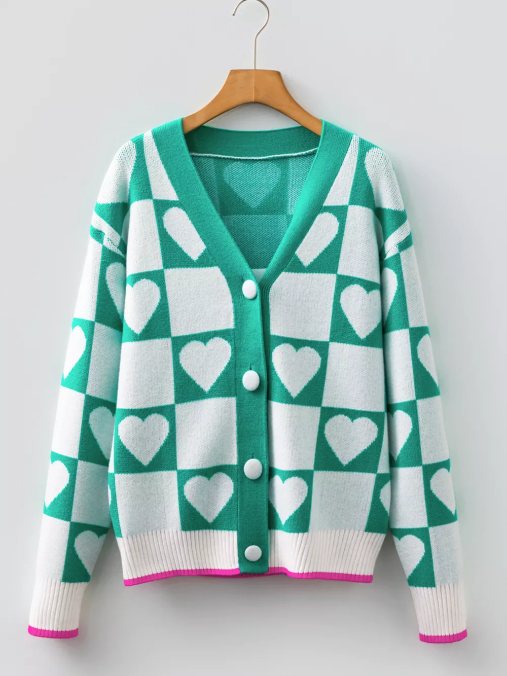 Plaid Heart Knit V Neck Button Down Sweater Cardigan, image 6