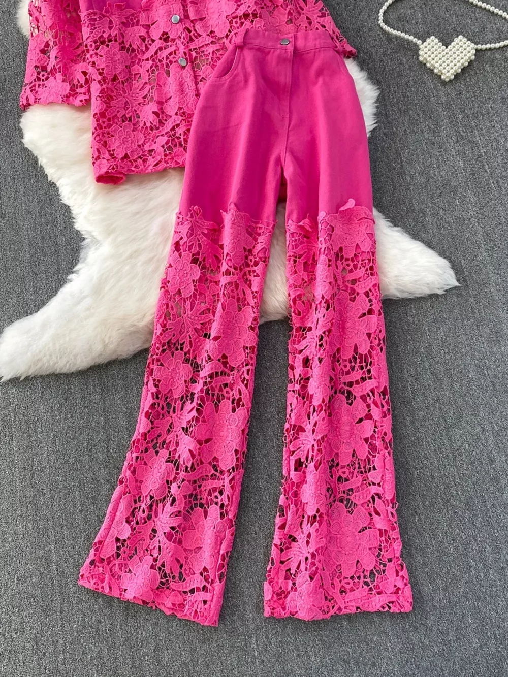 Lace Patchwork Shacket and Pants Set, image 15