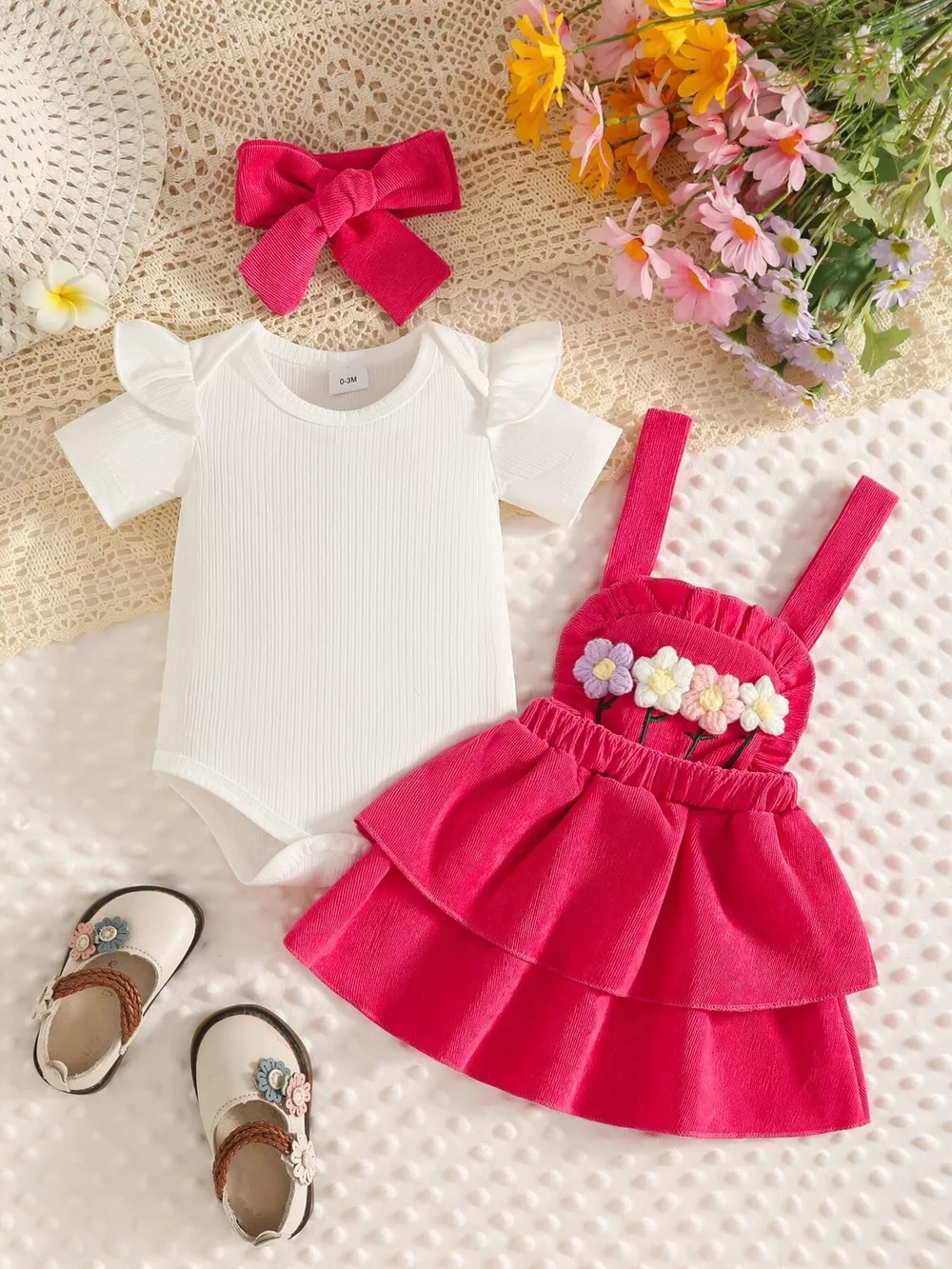 Children's Ribbed Top and Floral Overall Dress Set with Headband, image 6