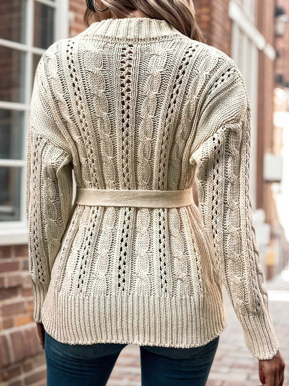 Cable Knit Belted Cardigan with Button Front, image 3