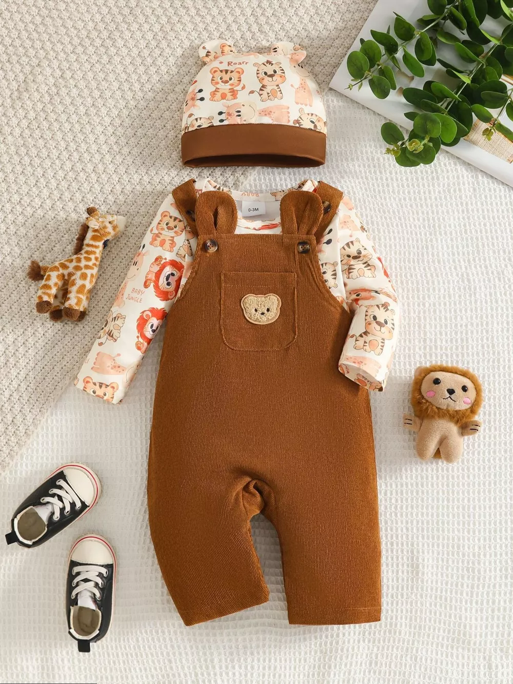 Children's Corduroy Overall and Animal Print Long Sleeve Top Set with Hat