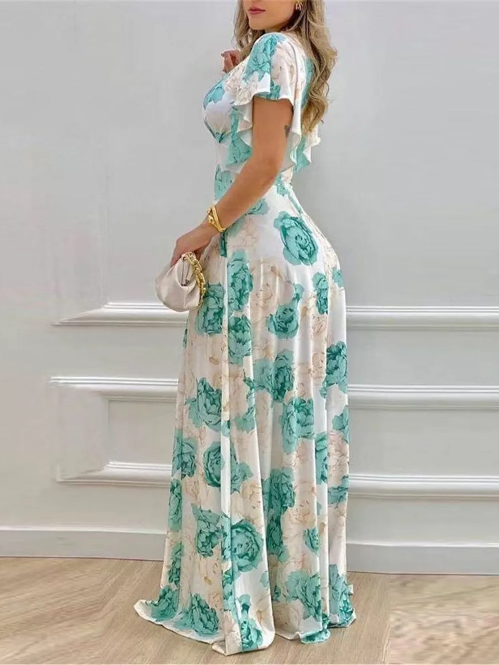Plus Size Floral Print V-Neck Maxi Dress with Flutter Sleeves, image 3