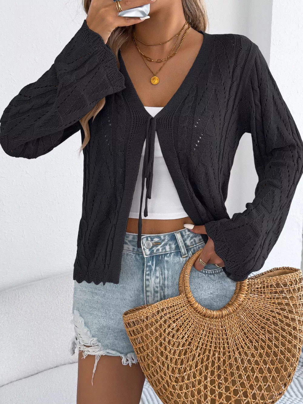 Openwork Tie-Front Knit Cardigan, image 11