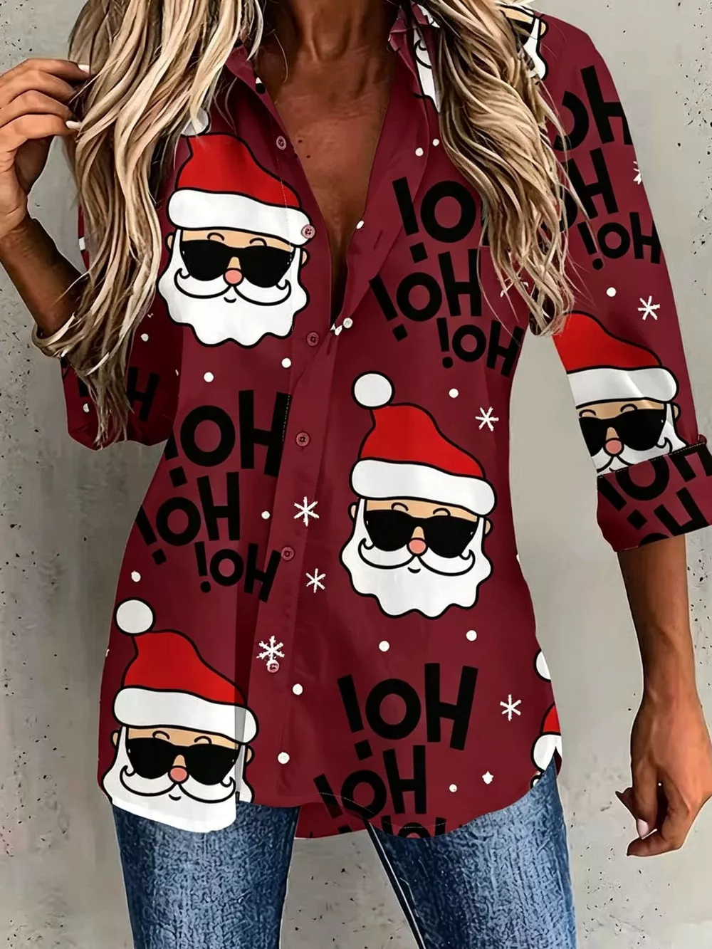 Full Size Christmas Santa Claus Print Button-Down Shirt Plus Size, image 3