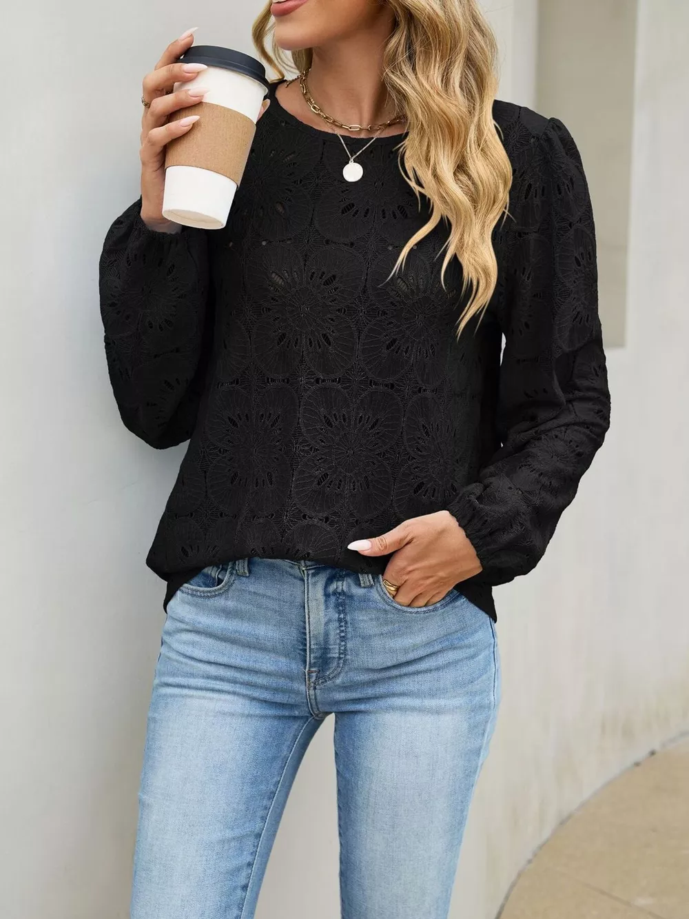 Floral Eyelet Lace Long Sleeve Blouse, image 13