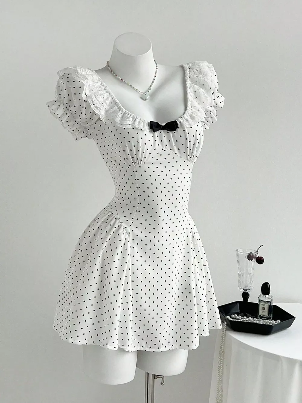 Lace Detail Polka Dot Mini Dress, image 4