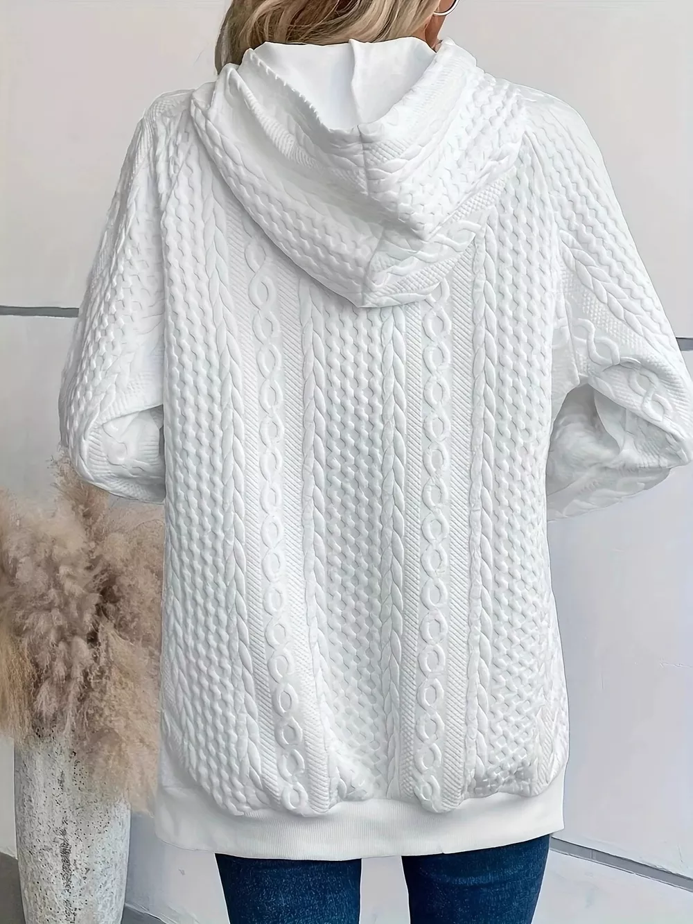 Cable Texture Hoodie with Side Button, image 3