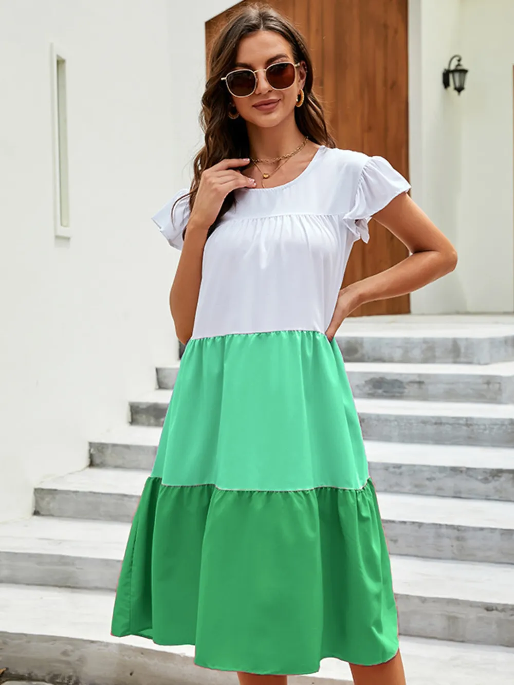 Full Size Color Block Tiered Ruffle Summer Dress Plus Size