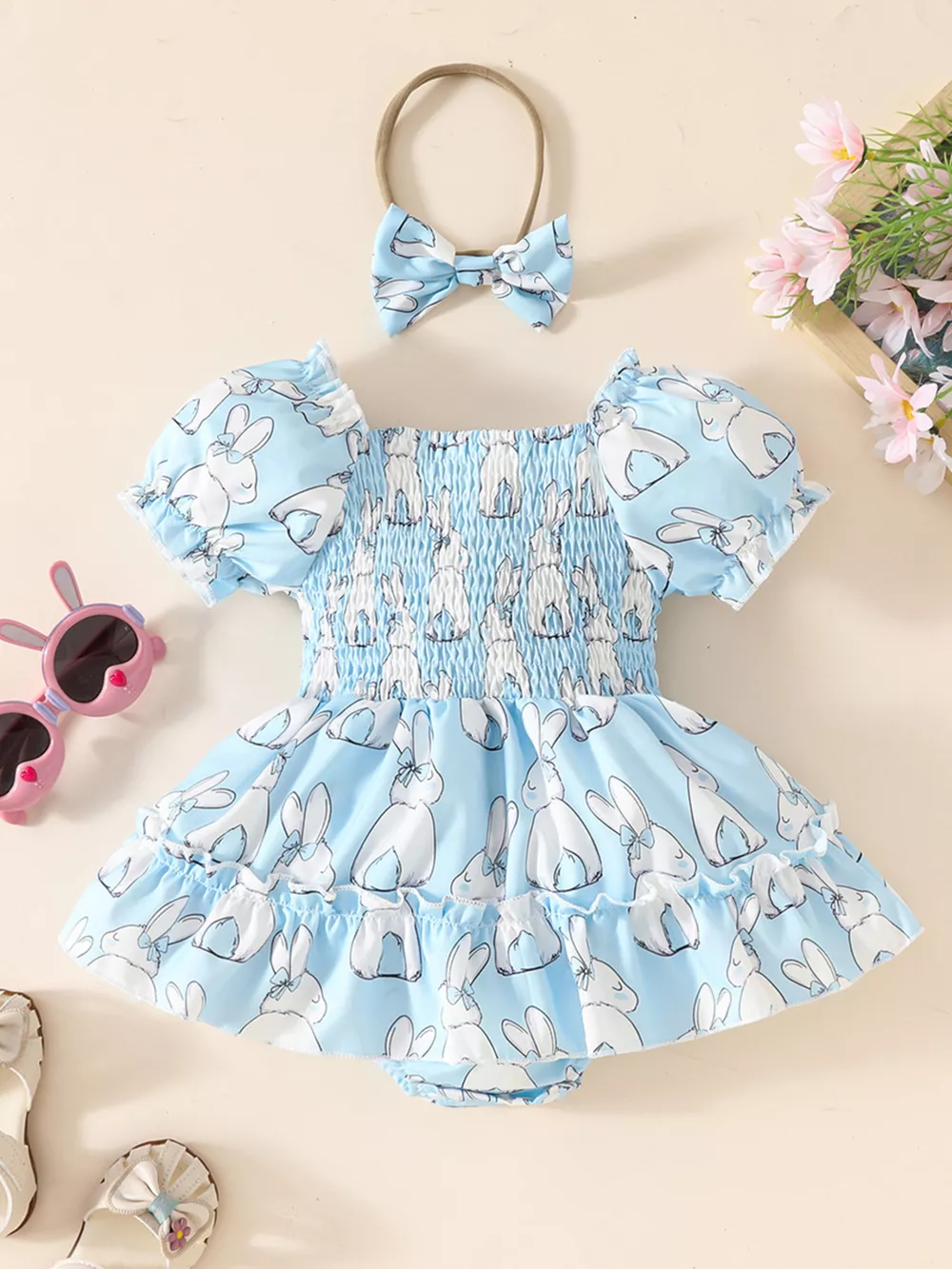 Children's Bunny Print Smocked Dress & Headband Set, image 9