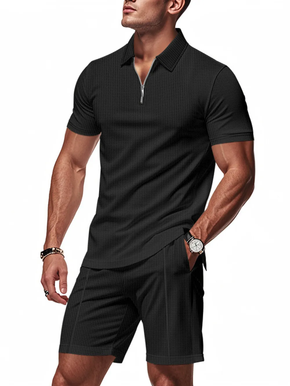 Men's Plus Size Quarter Zip Short Sleeve Top and Shorts Set, image 9