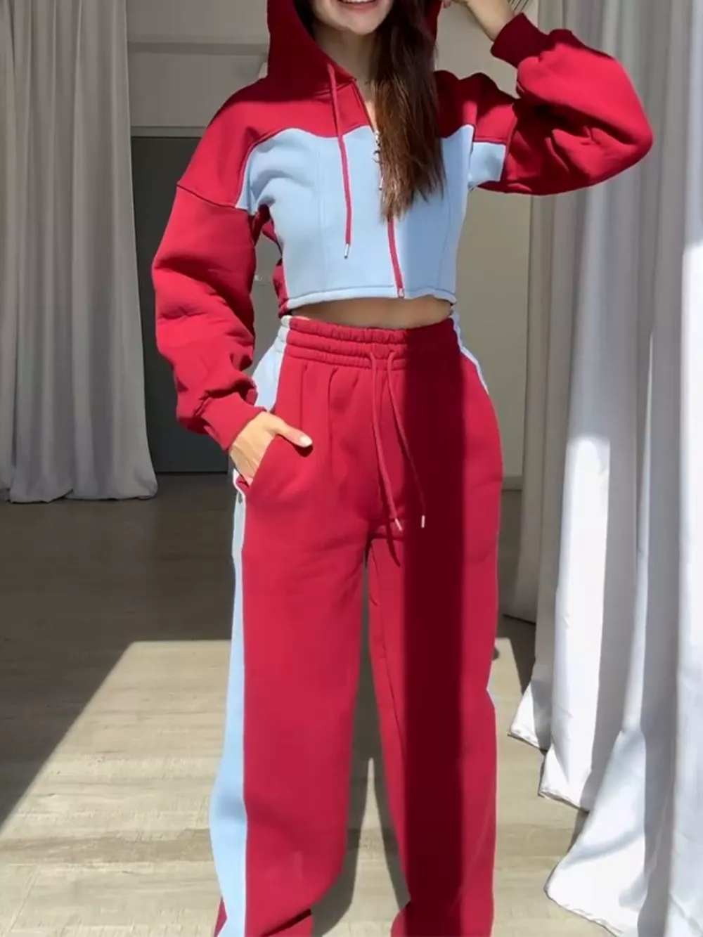 Color-Block Zip-Up Crop Hoodie and Joggers Set, image 6