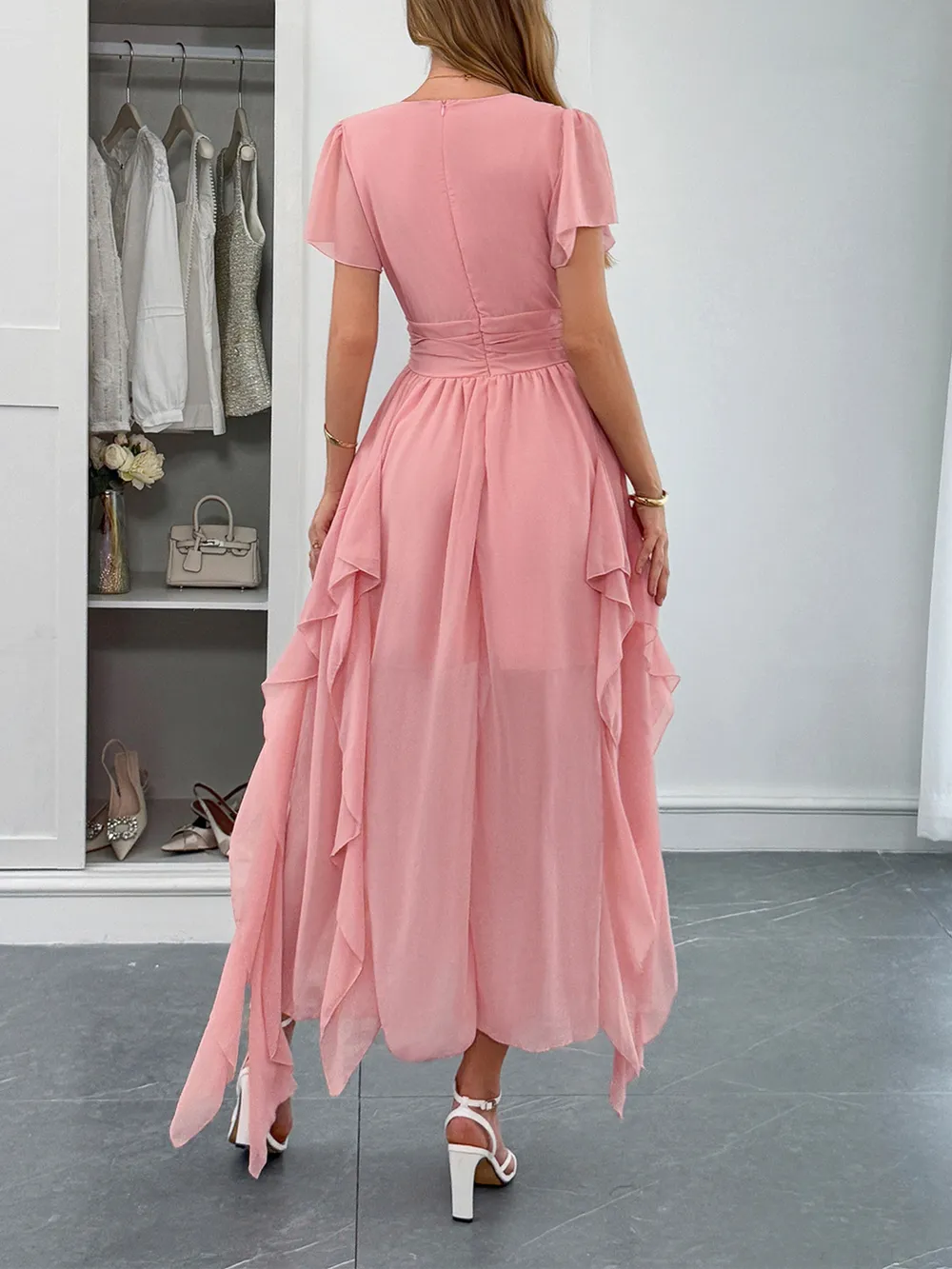 V-Neck Flutter Sleeve Dress, image 4
