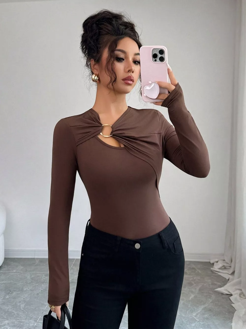 Twist Front Ring Detail Long Sleeve T-Shirt, image 5