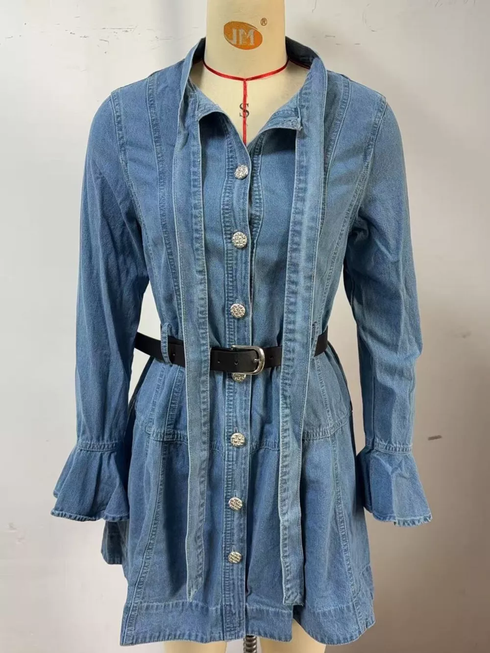 Button Front Flounce Sleeve Denim Dress, image 5