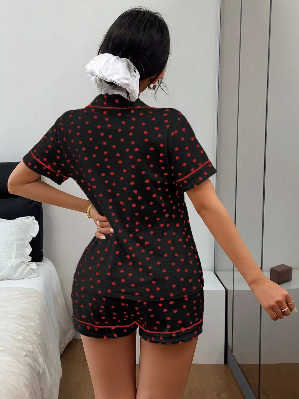 Heart Print Button-Down Short Sleeve Top and Shorts Lounge Set, image 9