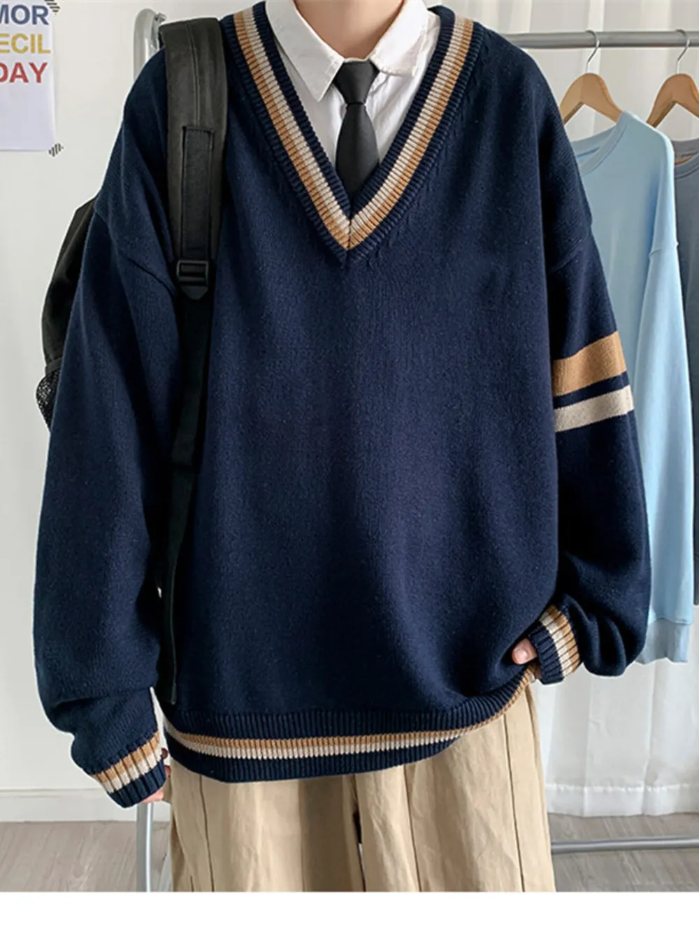 Men's Contrast Striped Long Sleeve Sweater, image 3