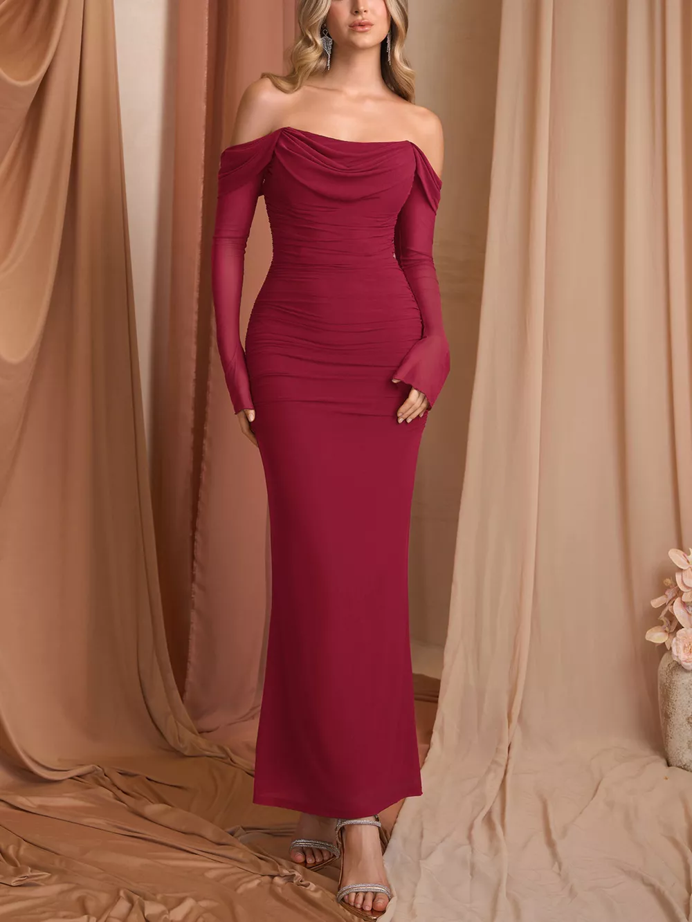 Off-Shoulder Ruched Mermaid Maxi Dress, image 18