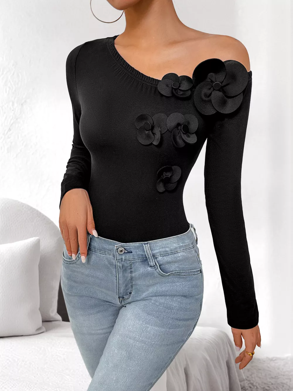 Flower One Shoulder Long Sleeve Bodysuit, image 8