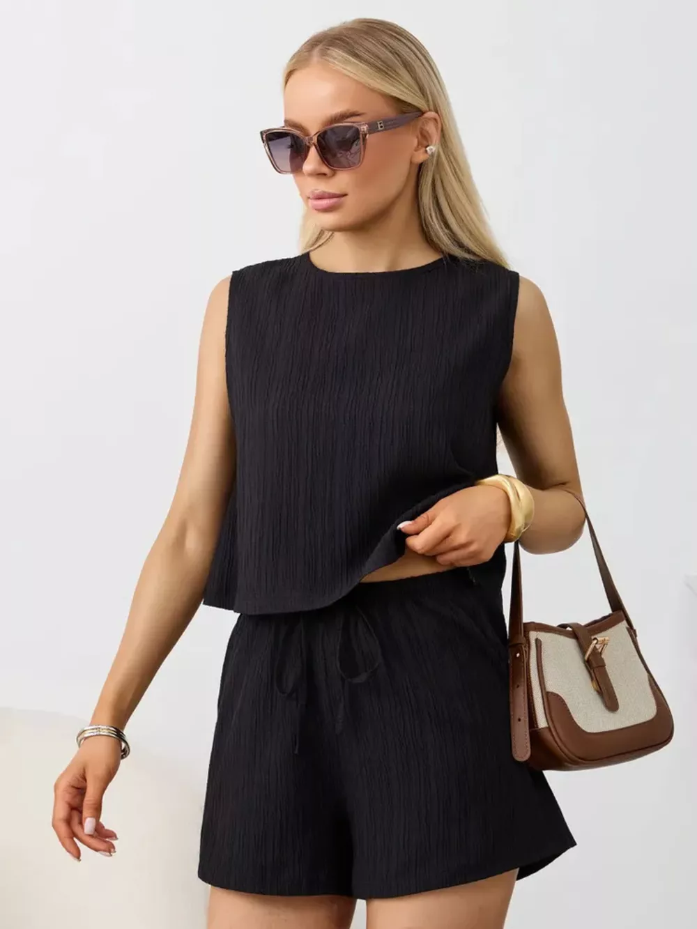 Textured Round Neck Tank and Shorts Set, image 13