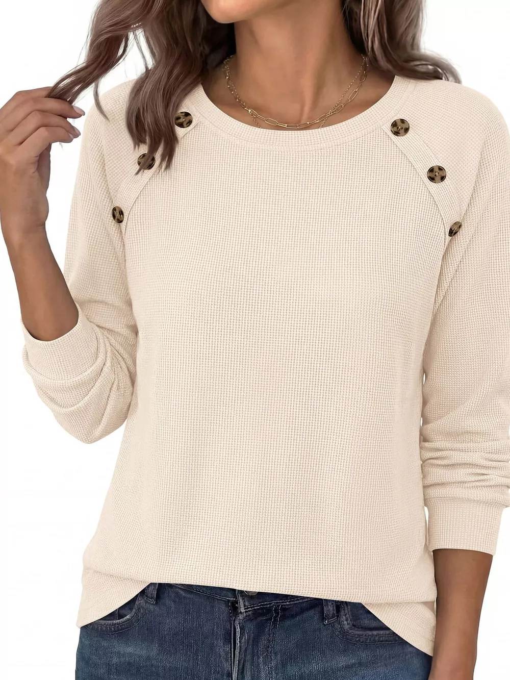 Decorative Button Waffle Knit Long Sleeve T-Shirt, image 2
