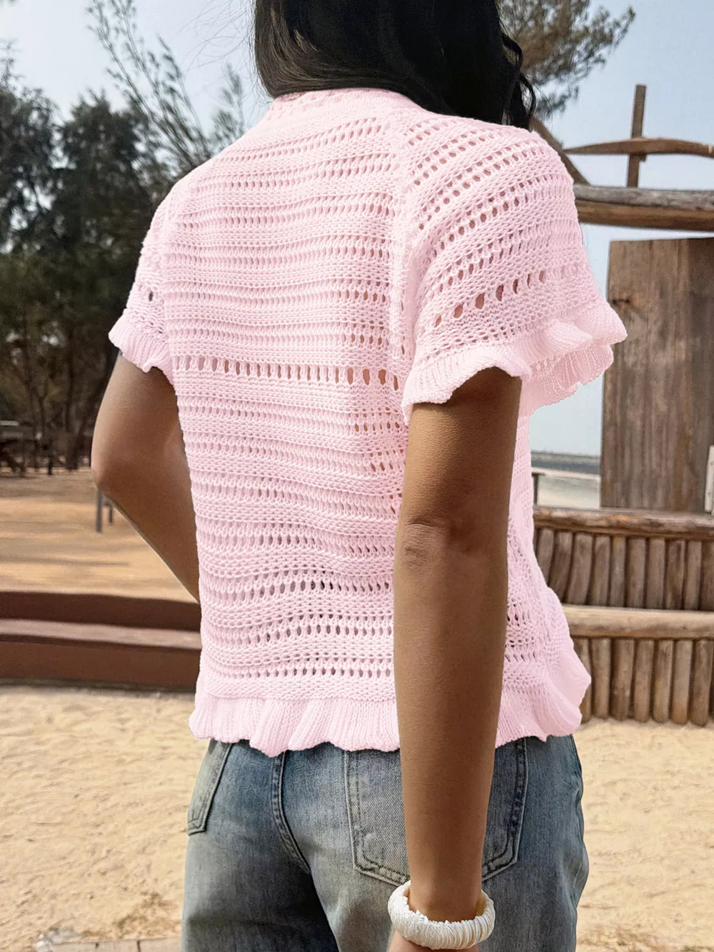 Openwork Ruffled Hem Knit Top, image 9