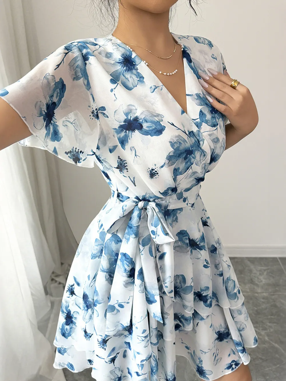 Printed Surplice Layered Mini Dress, image 2