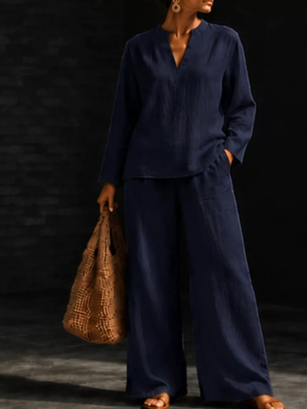 Notched Long Sleeve Top and Pants Set, image 22