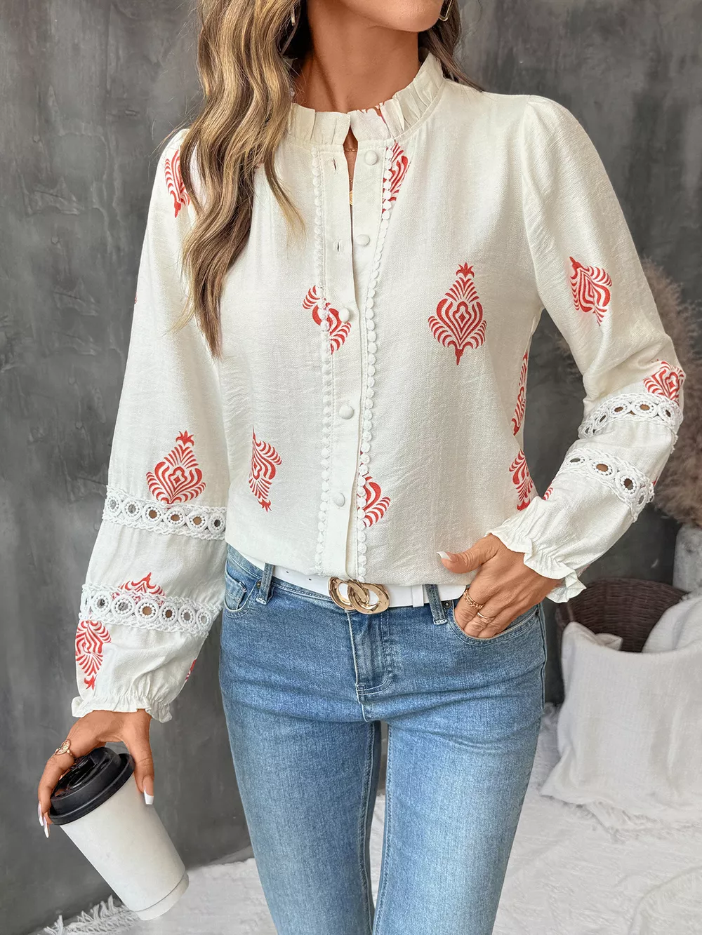 Lace Detail Long Sleeve Shirt, image 8