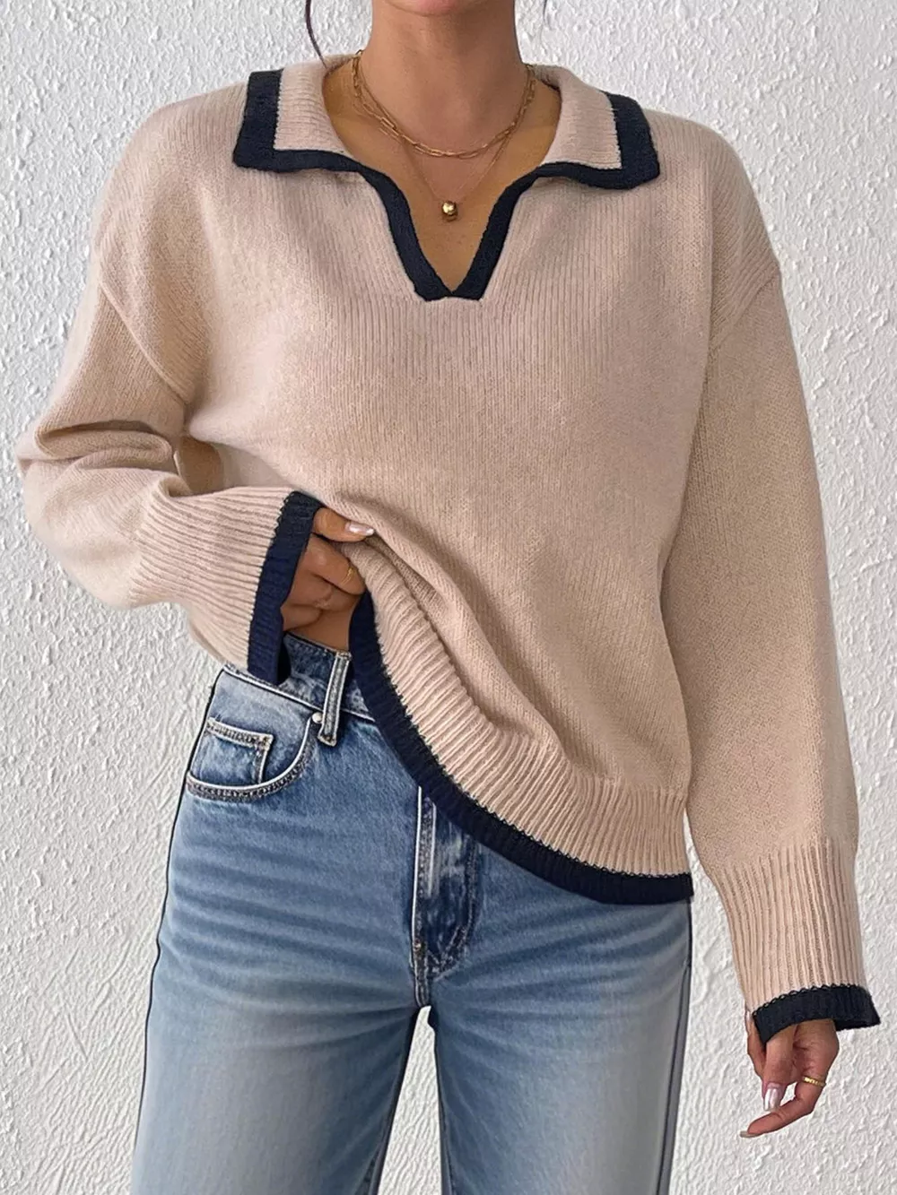 Contrast Trim Polo Collar Sweater, image 9