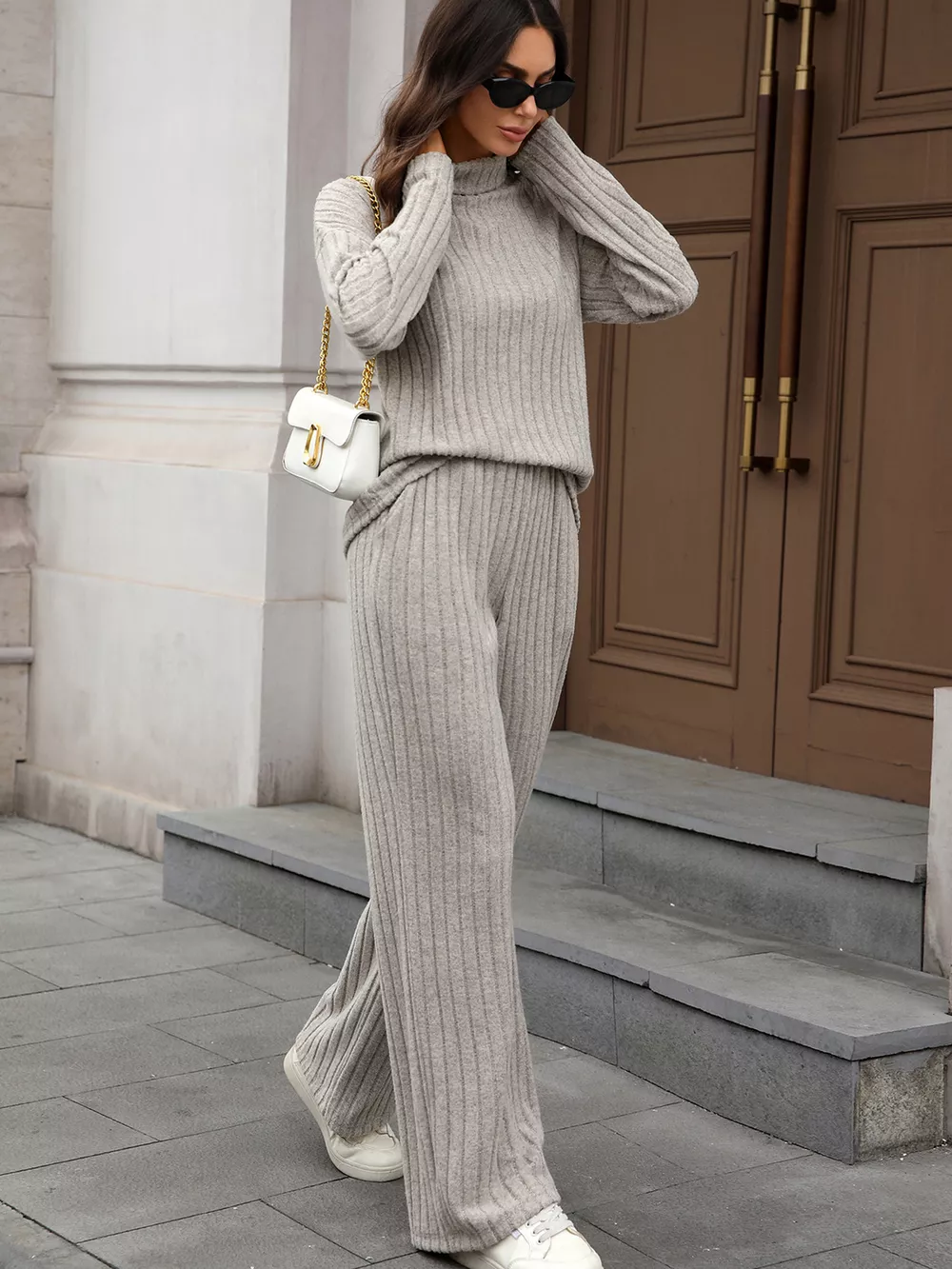 Ribbed Turtleneck Dropped Shoulder Top and Pants Sweater Set, image 5