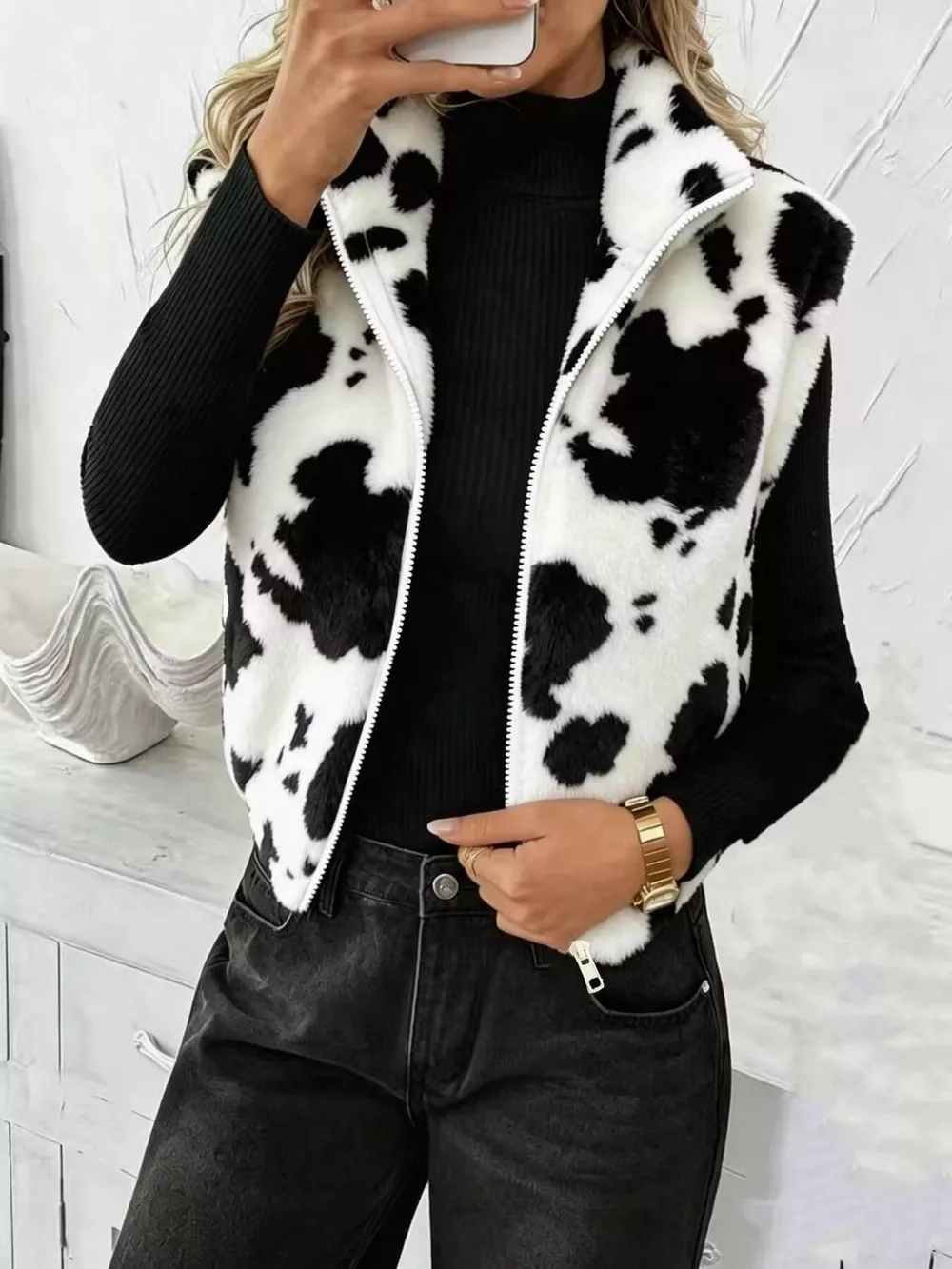 Animal Print Zip Up Vest Coat