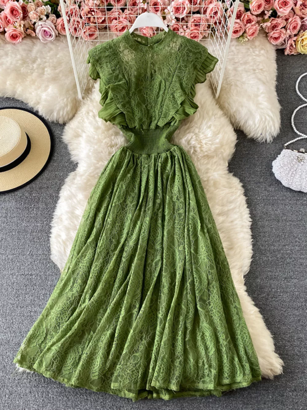 Ruffled Mock Neck Lace Maxi Dress, image 6
