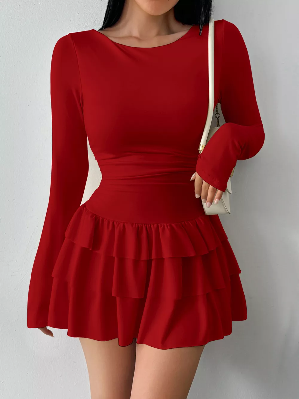 Ruched Long Sleeve Layered Ruffle Mini Dress, image 14