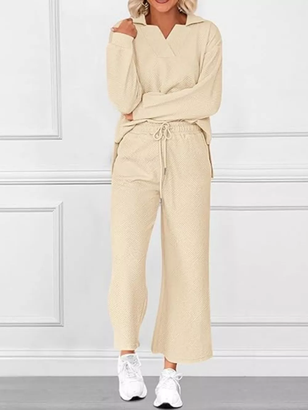 Side Slit Textured Top and Drawstring Pants Set, image 2