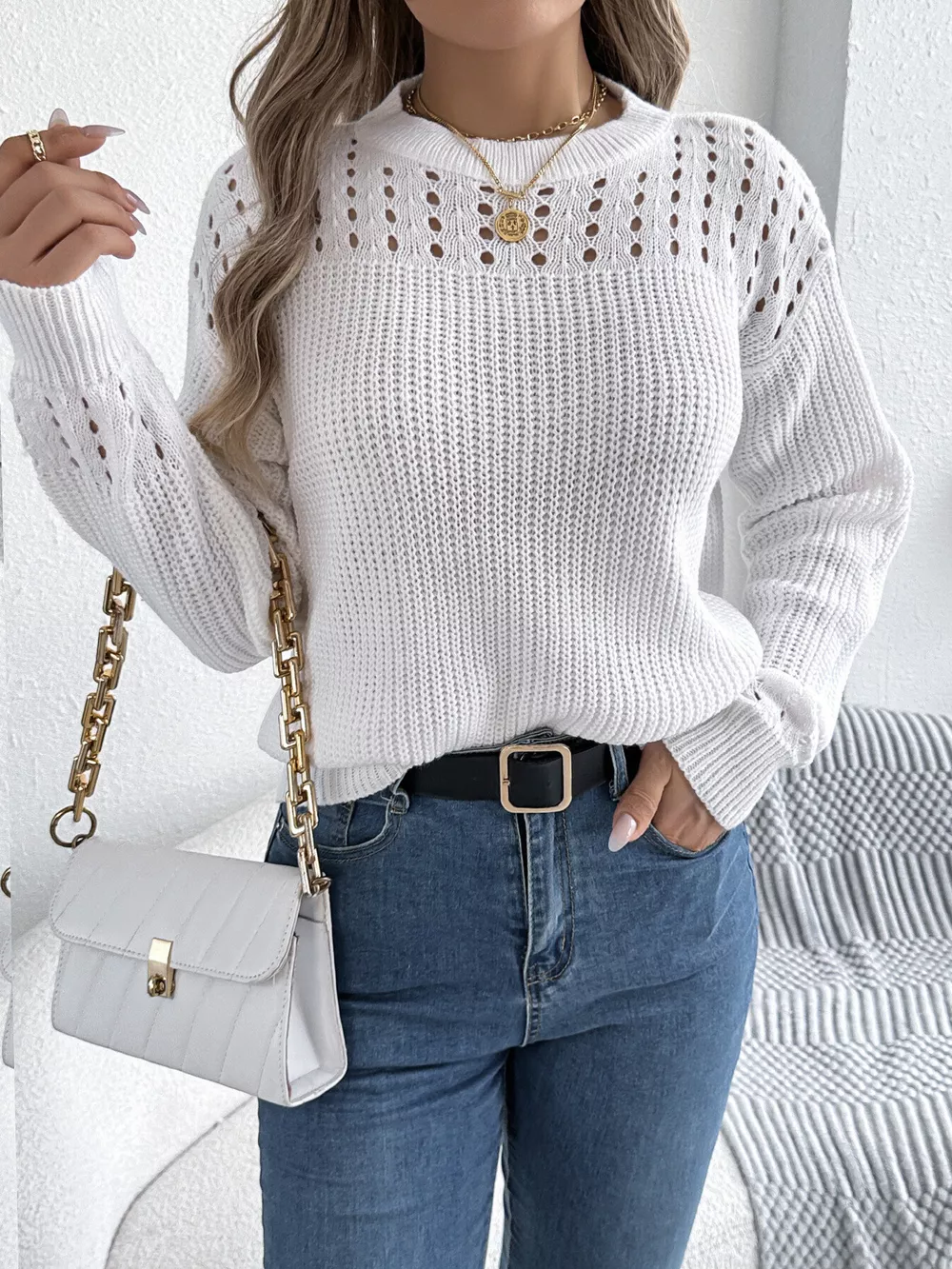 Openwork Round Neck Long Sleeve Sweater, image 13