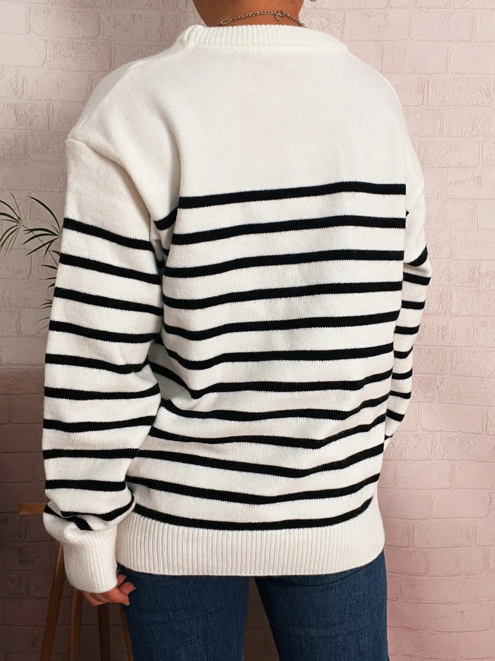 Striped Round Neck Drop Shoulder Sweater, image 5