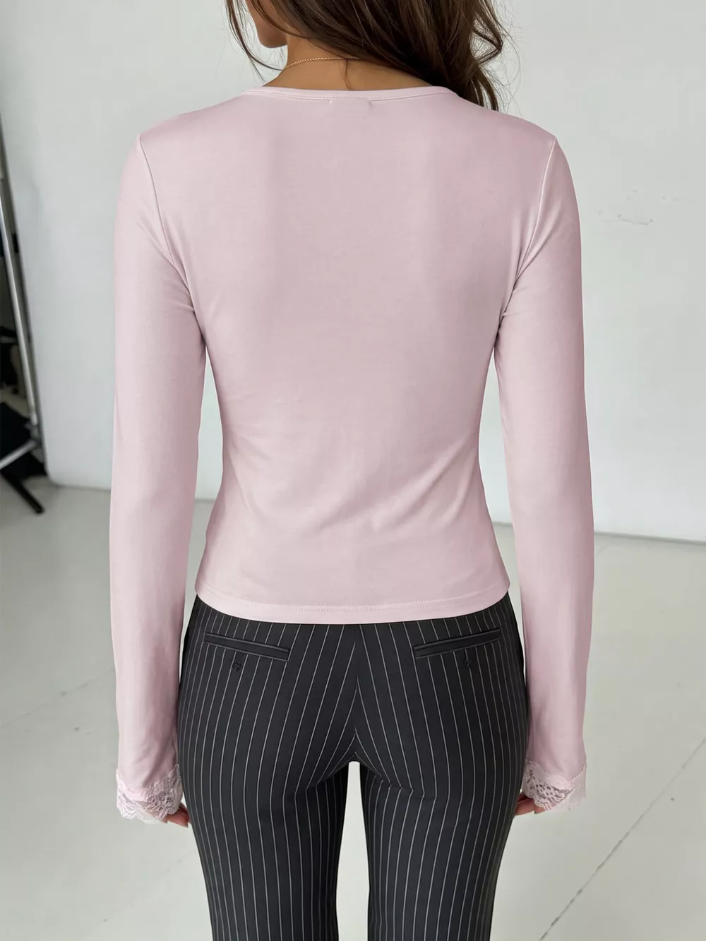 Lace-Trimmed Cutout Long Sleeve T-Shirt, image 5