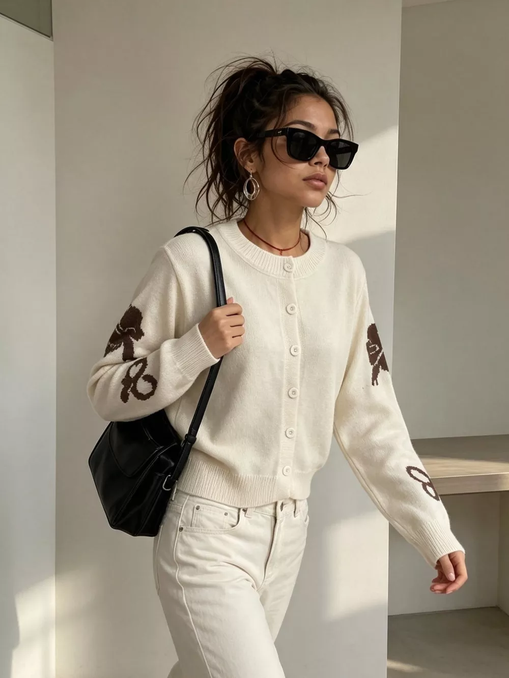 Floral Crew Neck Cropped Knit Cardigan, image 28