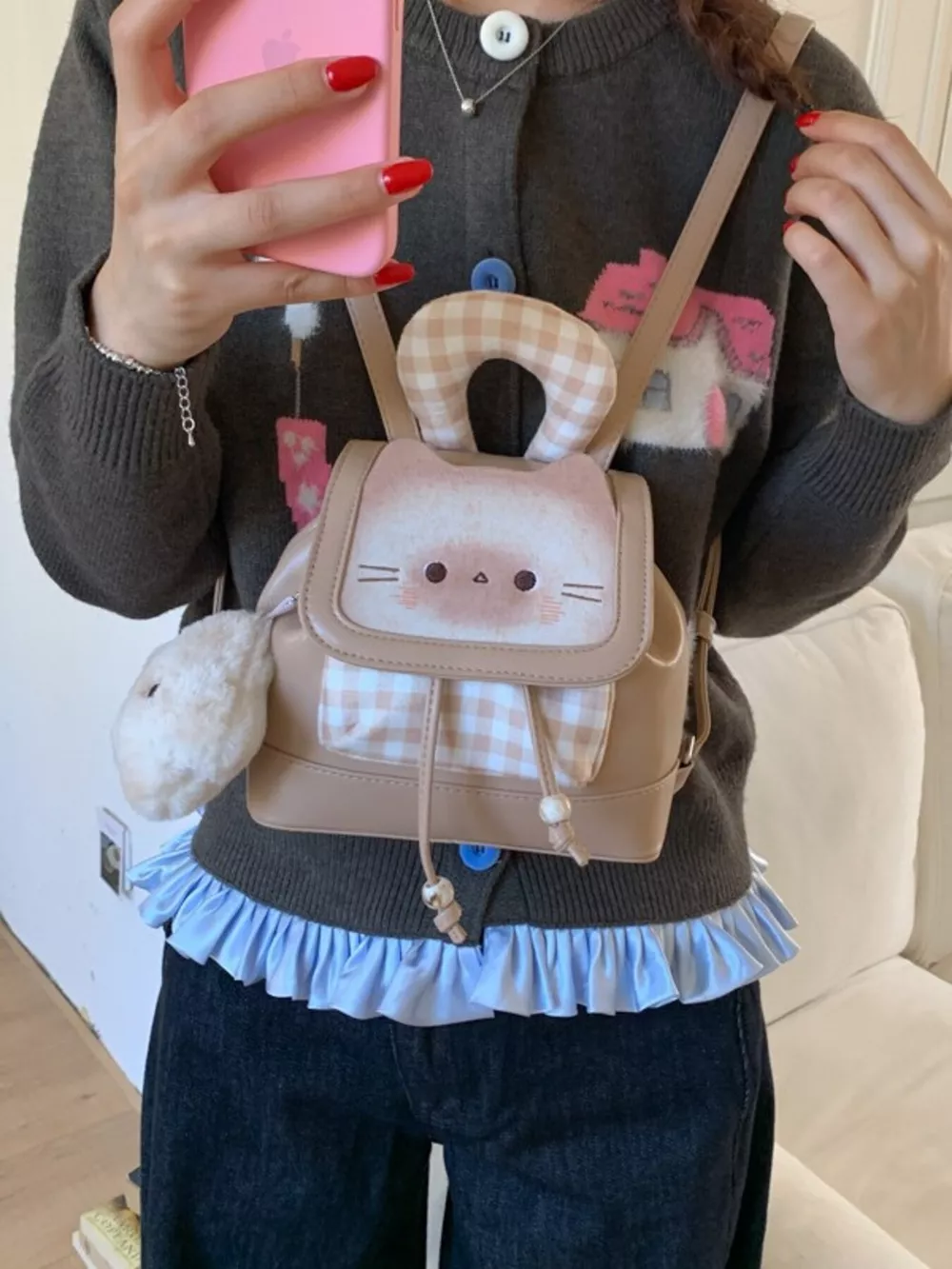 Cat Plaid Backpack Bag, image 8