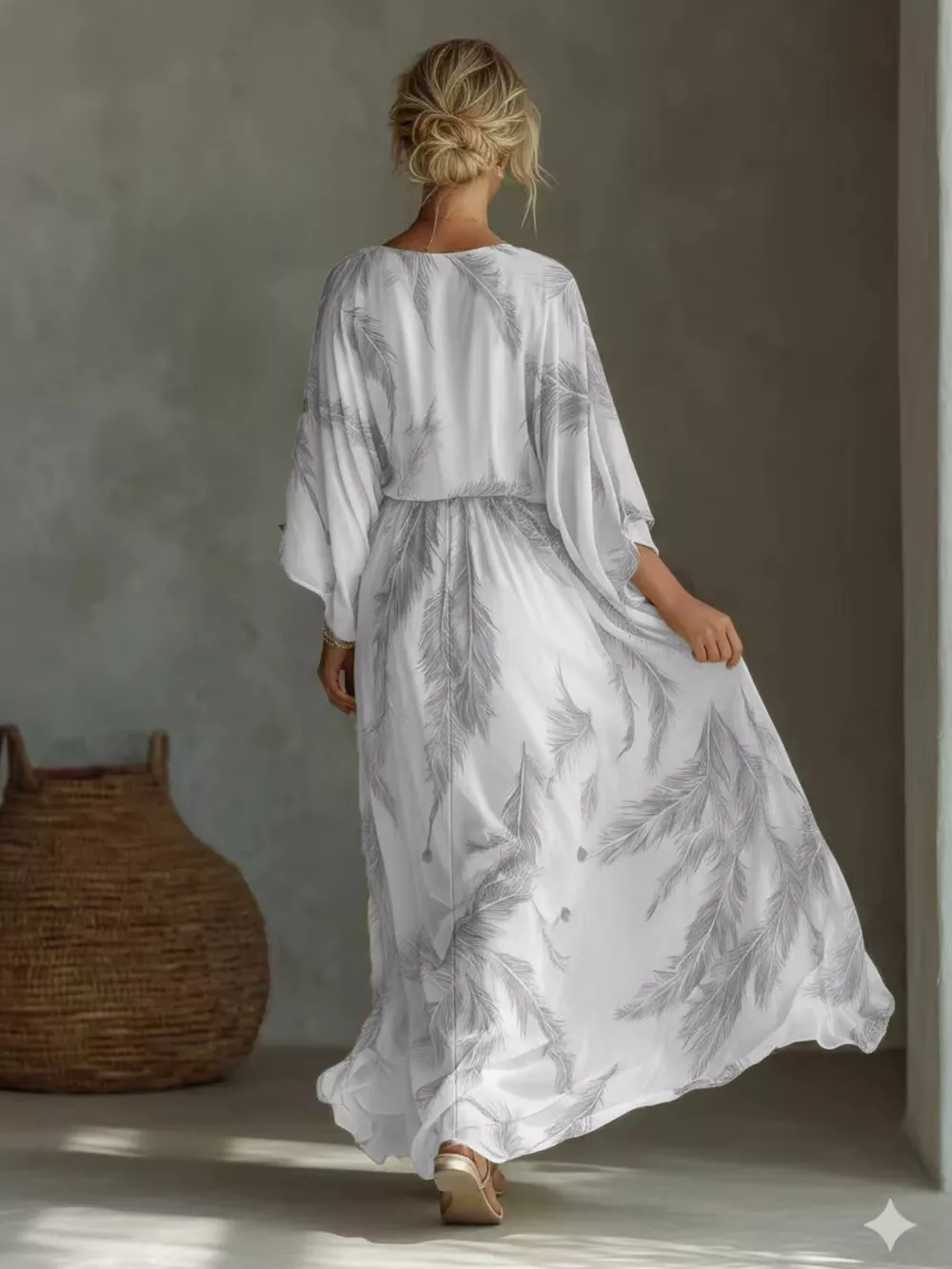 Full Size Feather Print V-Neck Flowy Maxi Dress Plus Size, image 9